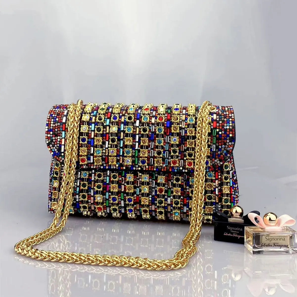  New Elegant Evening Dress Style Brooch-Adorned Clutch Bag with Rhinestones Chain Strap and Cheongsam Design for Formal Occasions #